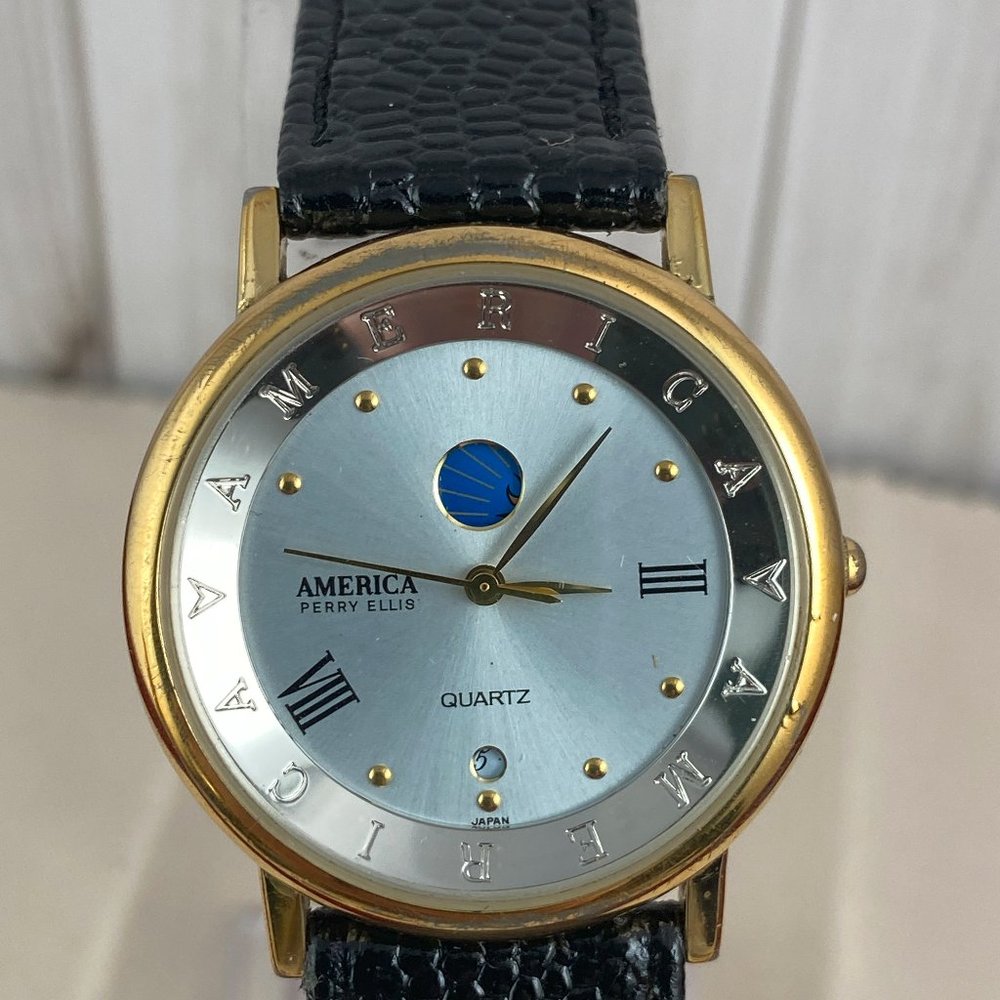Vintage AMERICA Perry Ellis Moon Phase Watch Roman Numerals Date